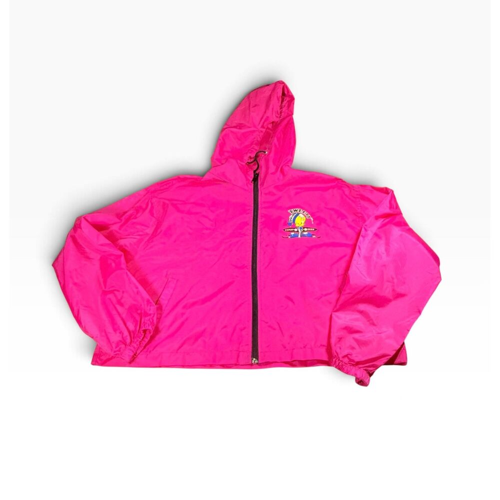 Vtg 1997 Looney Tunes Tweety Bird Pink Windbreaker Jacket Womens Boxy Cropped L